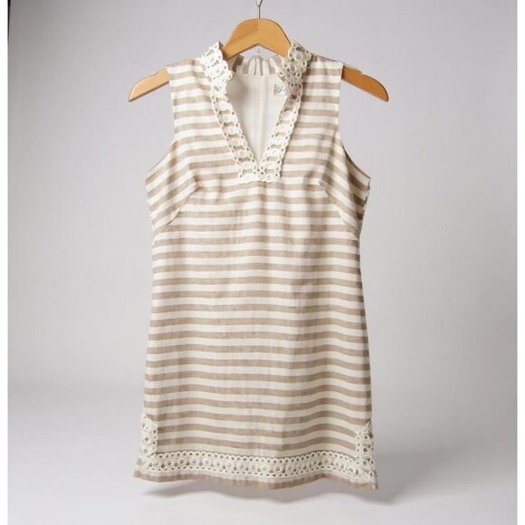 Eliza J Linen Cotton Mini Dress Size 12 Beige White Stripe Eyelet Coastal Resort - Picture 14 of 14